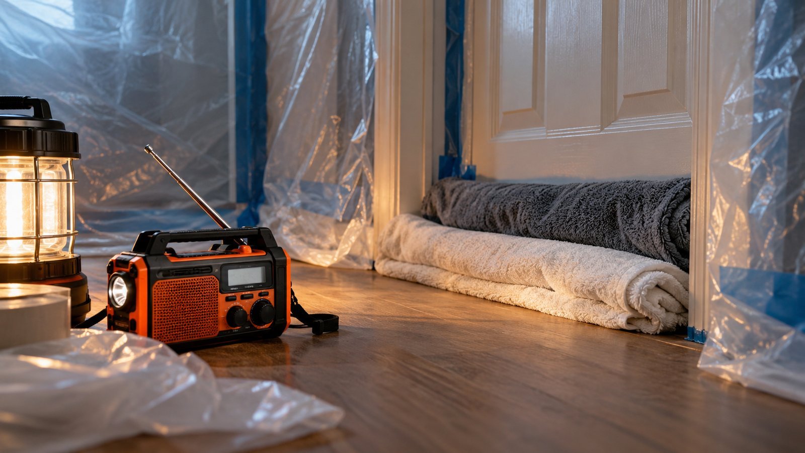 Hand-crank emergency radio and lantern beside a door sealed with plastic sheeting and a rolled towel for shelter in place