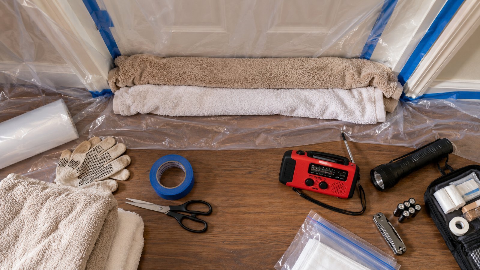 Plastic sheeting, tape, scissors, gloves, radio and flashlight laid out to build a shelter in place room kit