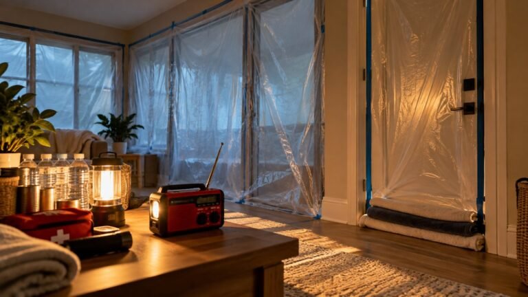 Room sealed with plastic sheeting and blue tape with a hand-crank radio, lantern and first aid kit for shelter in place