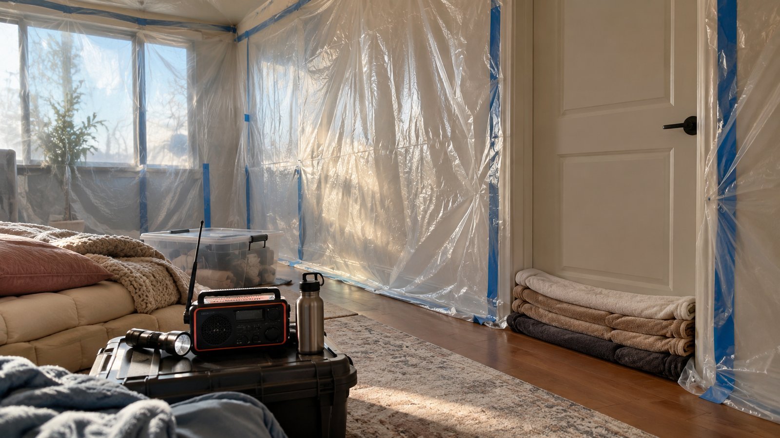 Interior room with plastic-sealed windows and door, towels at the door base and an emergency radio on a storage bin