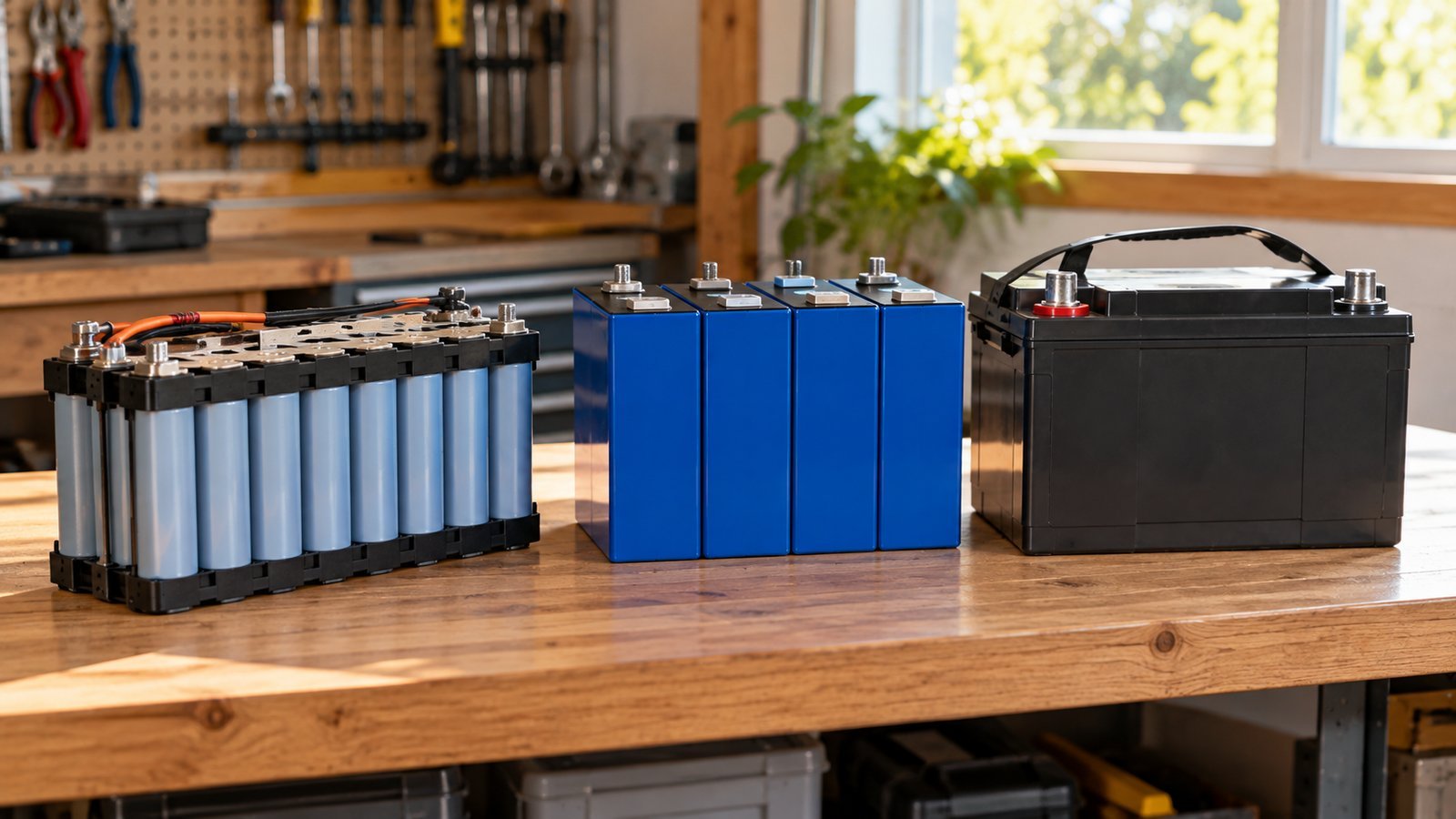 Lithium-ion pack, LiFePO4 prismatic cells and a lead-acid battery on a workbench