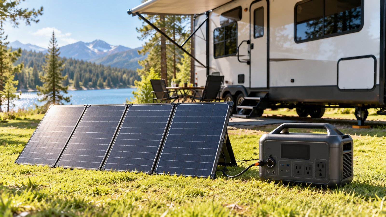 Folding solar panel charging a power station at a campsite with an RV behind