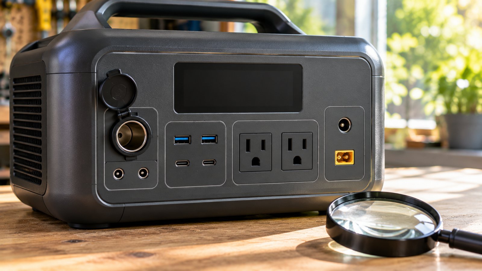 Close-up of a portable power station port panel with outlets, USB ports and solar input