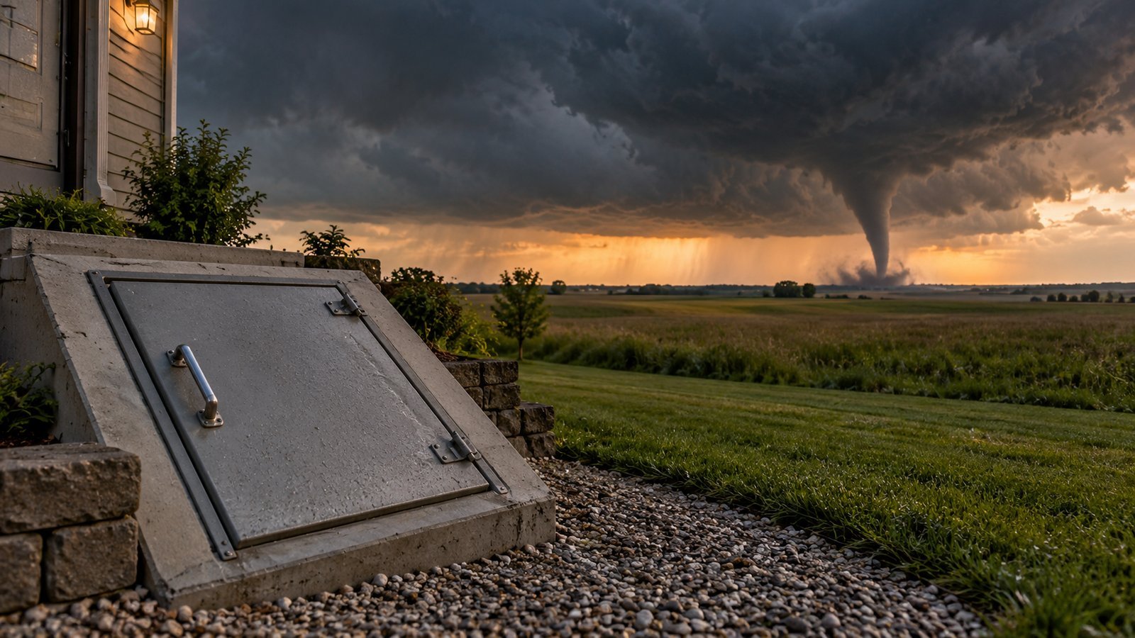 Closed storm cellar hatch beside a house with a tornado approaching across a field