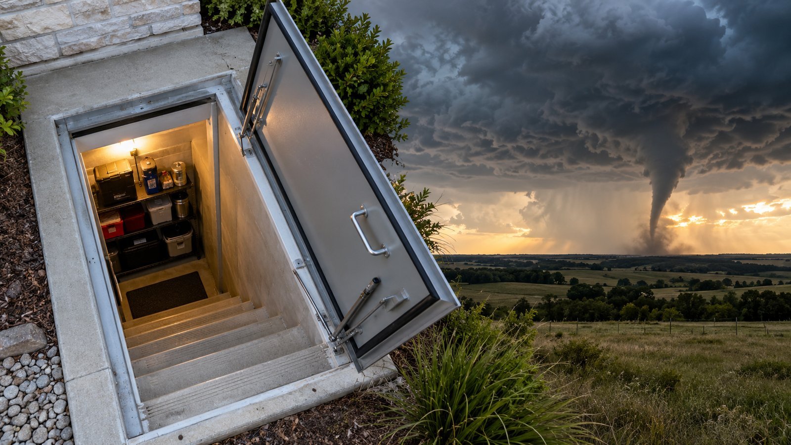 Open storm shelter hatch with steps leading down to a stocked underground tornado shelter