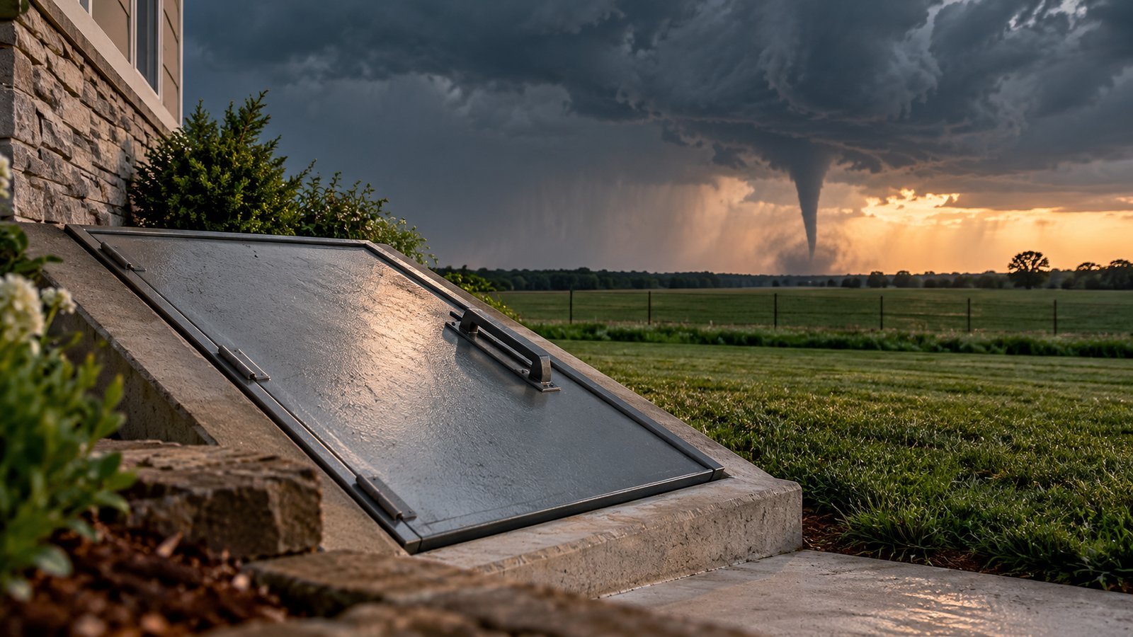 Steel storm cellar door at ground level beside a home with a tornado on the horizon