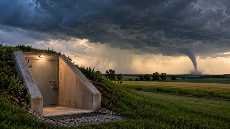 Underground tornado storm shelter entrance in a grassy field with a tornado in the distance under dark storm clouds