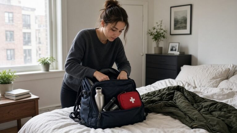 Young woman packing an emergency go-bag on her bed with water, a flashlight, a first aid kit and a jacket in a city apartment