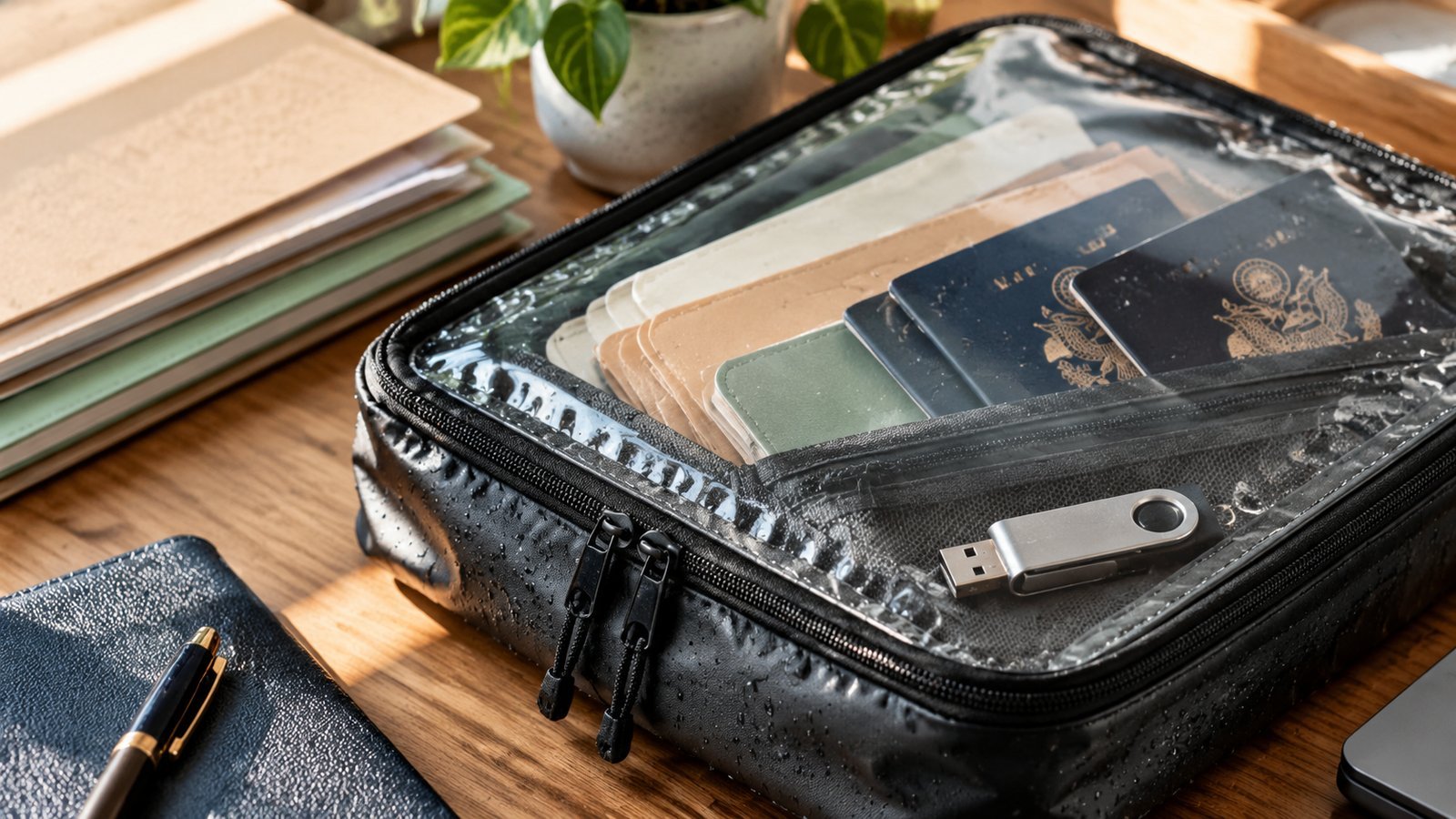 Waterproof document pouch with passports, folders and a flash drive protecting important emergency documents