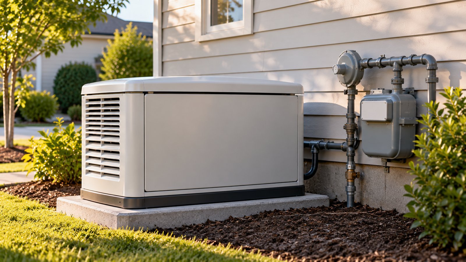 Standby whole-house generator on a concrete pad beside a house with a gas meter