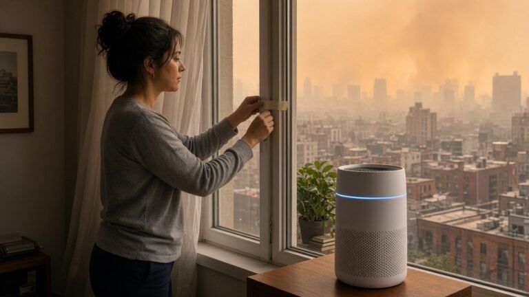 Woman sealing a window gap with tape while an air purifier runs in her apartment under a hazy orange wildfire smoke sky