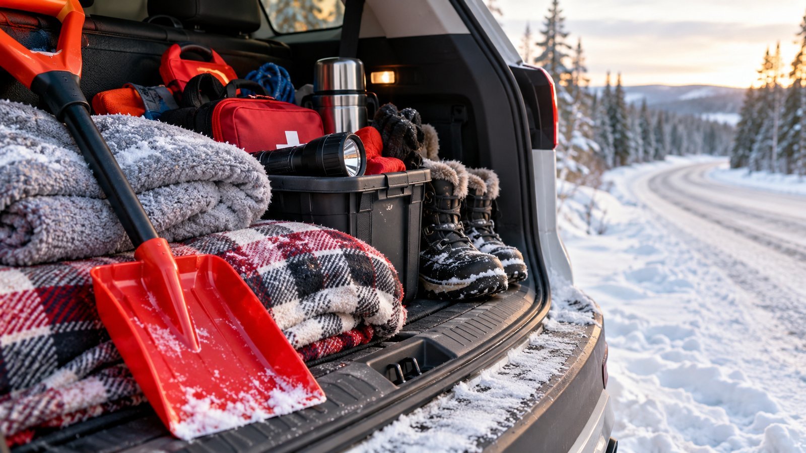 Winter car emergency kit with a red snow shovel, plaid blanket, boots and flashlight in an SUV trunk