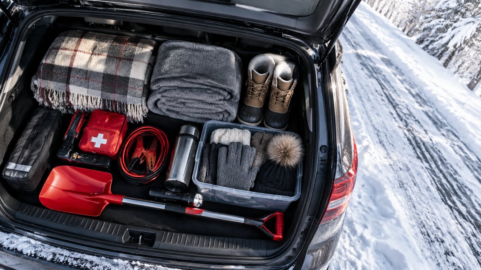 Open SUV trunk organized with blankets, winter boots, a first aid kit, jumper cables, gloves and a red shovel on a snowy road