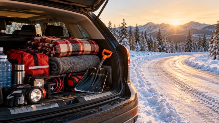 Car trunk packed with a snow shovel, wool blankets, flashlight and thermos on a snowy mountain road at sunrise for winter storm preparedness