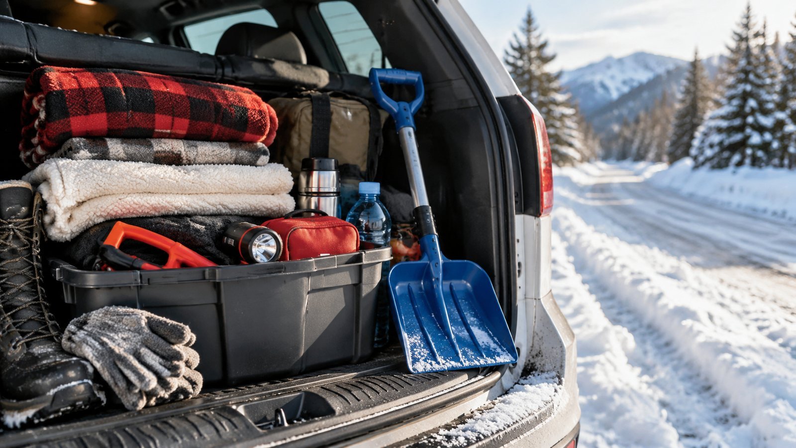 Winter storm vehicle supplies with a plaid blanket, blue shovel, gloves, boots and thermos in a trunk beside snow-covered pines